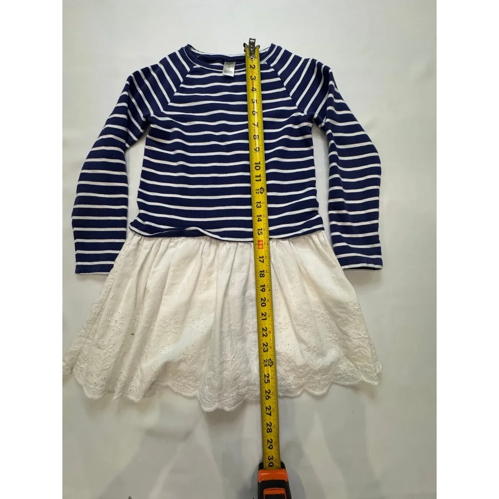 OshKosh B'gosh Striped Eyelet Dress‎ Kids 8 Navy White Mixed Media Long Sleeve